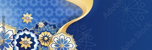 Islamic ramadan banner background with crescent pattern moon star mosque lantern. Vector illustration. Design for Eid Fitr, Eid Adha, Ashura, Islamic New Year, Muharram, Mawlid, Hajj, and Isra Miraj