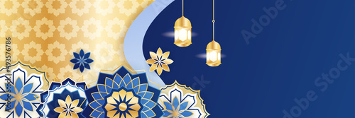 Islamic ramadan banner background with crescent pattern moon star mosque lantern. Vector illustration. Design for Eid Fitr, Eid Adha, Ashura, Islamic New Year, Muharram, Mawlid, Hajj, and Isra Miraj