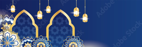 Islamic ramadan banner background with crescent pattern moon star mosque lantern. Vector illustration. Design for Eid Fitr, Eid Adha, Ashura, Islamic New Year, Muharram, Mawlid, Hajj, and Isra Miraj
