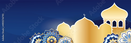 Islamic ramadan banner background with crescent pattern moon star mosque lantern. Vector illustration. Design for Eid Fitr, Eid Adha, Ashura, Islamic New Year, Muharram, Mawlid, Hajj, and Isra Miraj