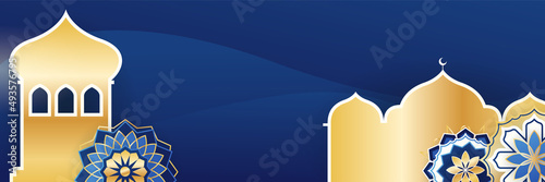 Islamic ramadan banner background with crescent pattern moon star mosque lantern. Vector illustration. Design for Eid Fitr, Eid Adha, Ashura, Islamic New Year, Muharram, Mawlid, Hajj, and Isra Miraj