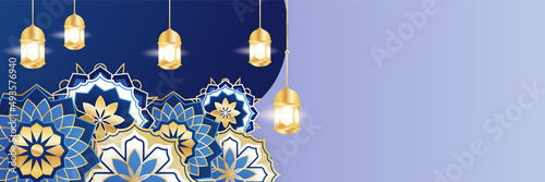 Islamic ramadan banner background with crescent pattern moon star mosque lantern. Vector illustration. Design for Eid Fitr, Eid Adha, Ashura, Islamic New Year, Muharram, Mawlid, Hajj, and Isra Miraj