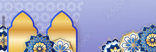 Islamic ramadan banner background with crescent pattern moon star mosque lantern. Vector illustration. Design for Eid Fitr, Eid Adha, Ashura, Islamic New Year, Muharram, Mawlid, Hajj, and Isra Miraj
