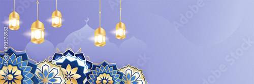 Islamic ramadan banner background with crescent pattern moon star mosque lantern. Vector illustration. Design for Eid Fitr, Eid Adha, Ashura, Islamic New Year, Muharram, Mawlid, Hajj, and Isra Miraj