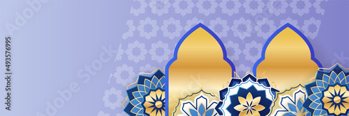 Islamic ramadan banner background with crescent pattern moon star mosque lantern. Vector illustration. Design for Eid Fitr, Eid Adha, Ashura, Islamic New Year, Muharram, Mawlid, Hajj, and Isra Miraj