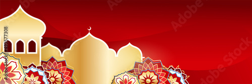 Islamic ramadan banner background with crescent pattern moon star mosque lantern. Vector illustration. Design for Eid Fitr, Eid Adha, Ashura, Islamic New Year, Muharram, Mawlid, Hajj, and Isra Miraj