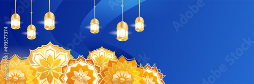 Islamic ramadan banner background with crescent pattern moon star mosque lantern. Vector illustration. Design for Eid Fitr, Eid Adha, Ashura, Islamic New Year, Muharram, Mawlid, Hajj, and Isra Miraj