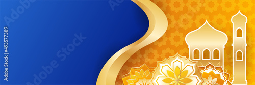 Islamic ramadan banner background with crescent pattern moon star mosque lantern. Vector illustration. Design for Eid Fitr, Eid Adha, Ashura, Islamic New Year, Muharram, Mawlid, Hajj, and Isra Miraj