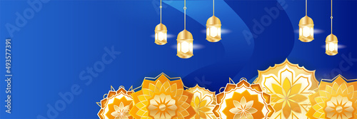 Islamic ramadan banner background with crescent pattern moon star mosque lantern. Vector illustration. Design for Eid Fitr, Eid Adha, Ashura, Islamic New Year, Muharram, Mawlid, Hajj, and Isra Miraj
