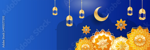 Islamic ramadan banner background with crescent pattern moon star mosque lantern. Vector illustration. Design for Eid Fitr, Eid Adha, Ashura, Islamic New Year, Muharram, Mawlid, Hajj, and Isra Miraj