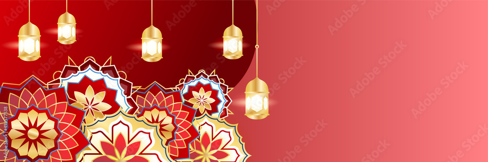 Islamic ramadan banner background with crescent pattern moon star mosque lantern. Vector illustration. Design for Eid Fitr, Eid Adha, Ashura, Islamic New Year, Muharram, Mawlid, Hajj, and Isra Miraj