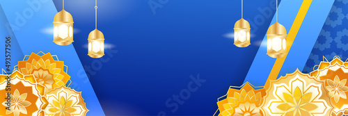 Islamic ramadan banner background with crescent pattern moon star mosque lantern. Vector illustration. Design for Eid Fitr, Eid Adha, Ashura, Islamic New Year, Muharram, Mawlid, Hajj, and Isra Miraj