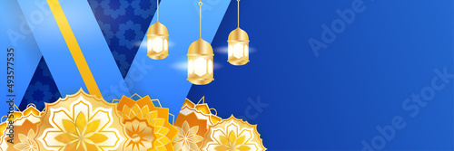 Islamic ramadan banner background with crescent pattern moon star mosque lantern. Vector illustration. Design for Eid Fitr, Eid Adha, Ashura, Islamic New Year, Muharram, Mawlid, Hajj, and Isra Miraj