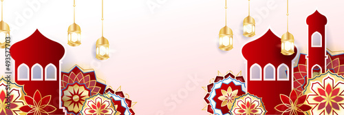 Islamic ramadan banner background with crescent pattern moon star mosque lantern. Vector illustration. Design for Eid Fitr, Eid Adha, Ashura, Islamic New Year, Muharram, Mawlid, Hajj, and Isra Miraj