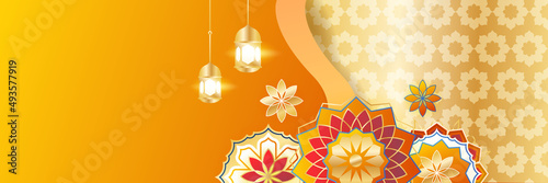 Islamic ramadan banner background with crescent pattern moon star mosque lantern. Vector illustration. Design for Eid Fitr, Eid Adha, Ashura, Islamic New Year, Muharram, Mawlid, Hajj, and Isra Miraj