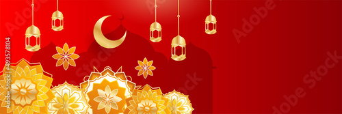 Islamic ramadan banner background with crescent pattern moon star mosque lantern. Vector illustration. Design for Eid Fitr, Eid Adha, Ashura, Islamic New Year, Muharram, Mawlid, Hajj, and Isra Miraj