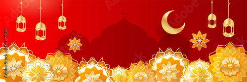 Islamic ramadan banner background with crescent pattern moon star mosque lantern. Vector illustration. Design for Eid Fitr, Eid Adha, Ashura, Islamic New Year, Muharram, Mawlid, Hajj, and Isra Miraj