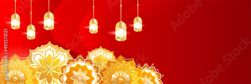 Islamic ramadan banner background with crescent pattern moon star mosque lantern. Vector illustration. Design for Eid Fitr, Eid Adha, Ashura, Islamic New Year, Muharram, Mawlid, Hajj, and Isra Miraj