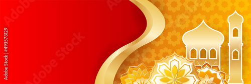 Islamic ramadan banner background with crescent pattern moon star mosque lantern. Vector illustration. Design for Eid Fitr, Eid Adha, Ashura, Islamic New Year, Muharram, Mawlid, Hajj, and Isra Miraj