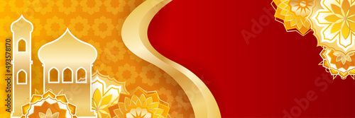 Islamic ramadan banner background with crescent pattern moon star mosque lantern. Vector illustration. Design for Eid Fitr, Eid Adha, Ashura, Islamic New Year, Muharram, Mawlid, Hajj, and Isra Miraj