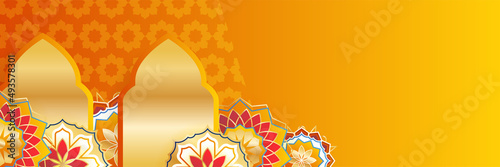 Islamic ramadan banner background with crescent pattern moon star mosque lantern. Vector illustration. Design for Eid Fitr, Eid Adha, Ashura, Islamic New Year, Muharram, Mawlid, Hajj, and Isra Miraj