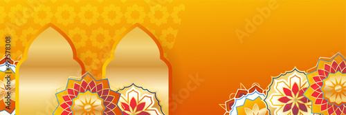 Islamic ramadan banner background with crescent pattern moon star mosque lantern. Vector illustration. Design for Eid Fitr, Eid Adha, Ashura, Islamic New Year, Muharram, Mawlid, Hajj, and Isra Miraj