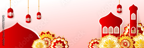 Islamic ramadan banner background with crescent pattern moon star mosque lantern. Vector illustration. Design for Eid Fitr, Eid Adha, Ashura, Islamic New Year, Muharram, Mawlid, Hajj, and Isra Miraj