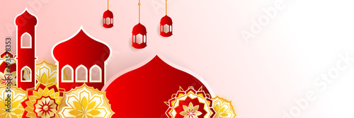 Islamic ramadan banner background with crescent pattern moon star mosque lantern. Vector illustration. Design for Eid Fitr, Eid Adha, Ashura, Islamic New Year, Muharram, Mawlid, Hajj, and Isra Miraj