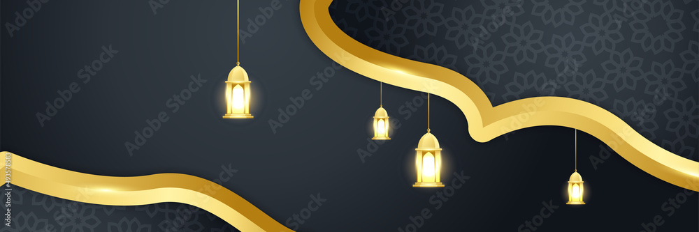 Islamic ramadan banner background with crescent pattern moon star mosque lantern. Vector illustration. Design for Eid Fitr, Eid Adha, Ashura, Islamic New Year, Muharram, Mawlid, Hajj, and Isra Miraj Islamic ramadan banner background with crescent pattern moon star mosque lantern. Vector illustration. Design for Eid Fitr, Eid Adha, Ashura, Islamic New Year, Muharram, Mawlid, Hajj, and Isra Miraj