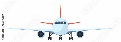 Passenger airplane, front view. Flat vector illustration of aeroplane with portholes, wings and engines.