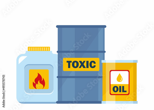 Set of containers with toxic and chemical substances. Dangerous Toxic, Biohazard, Radioactive, Flammable substances. Vector illustration.