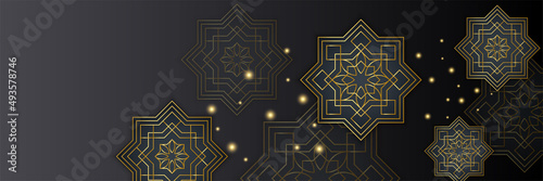 Islamic ramadan banner background with crescent pattern moon star mosque lantern. Vector illustration. Design for Eid Fitr, Eid Adha, Ashura, Islamic New Year, Muharram, Mawlid, Hajj, and Isra Miraj