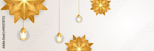 Islamic ramadan banner background with crescent pattern moon star mosque lantern. Vector illustration. Design for Eid Fitr, Eid Adha, Ashura, Islamic New Year, Muharram, Mawlid, Hajj, and Isra Miraj