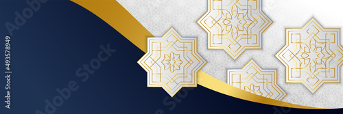 Islamic ramadan banner background with crescent pattern moon star mosque lantern. Vector illustration. Design for Eid Fitr, Eid Adha, Ashura, Islamic New Year, Muharram, Mawlid, Hajj, and Isra Miraj