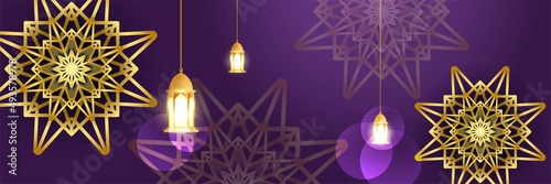 Islamic ramadan banner background with crescent pattern moon star mosque lantern. Vector illustration. Design for Eid Fitr, Eid Adha, Ashura, Islamic New Year, Muharram, Mawlid, Hajj, and Isra Miraj