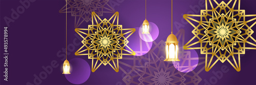 Islamic ramadan banner background with crescent pattern moon star mosque lantern. Vector illustration. Design for Eid Fitr, Eid Adha, Ashura, Islamic New Year, Muharram, Mawlid, Hajj, and Isra Miraj