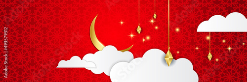 Islamic ramadan banner background with crescent pattern moon star mosque lantern. Vector illustration. Design for Eid Fitr, Eid Adha, Ashura, Islamic New Year, Muharram, Mawlid, Hajj, and Isra Miraj
