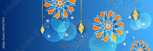 Islamic ramadan banner background with crescent pattern moon star mosque lantern. Vector illustration. Design for Eid Fitr, Eid Adha, Ashura, Islamic New Year, Muharram, Mawlid, Hajj, and Isra Miraj