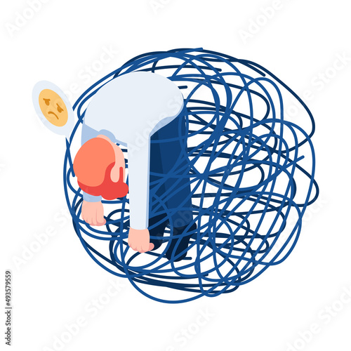 Isometric Businessman Stucking in Messy Tangled Line