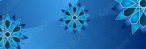 Islamic ramadan banner background with crescent pattern moon star mosque lantern. Vector illustration. Design for Eid Fitr, Eid Adha, Ashura, Islamic New Year, Muharram, Mawlid, Hajj, and Isra Miraj