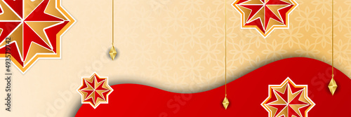 Islamic ramadan banner background with crescent pattern moon star mosque lantern. Vector illustration. Design for Eid Fitr, Eid Adha, Ashura, Islamic New Year, Muharram, Mawlid, Hajj, and Isra Miraj