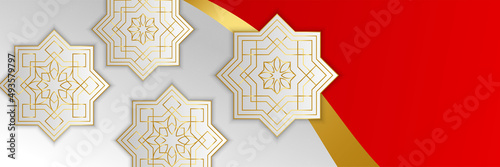 Islamic ramadan banner background with crescent pattern moon star mosque lantern. Vector illustration. Design for Eid Fitr, Eid Adha, Ashura, Islamic New Year, Muharram, Mawlid, Hajj, and Isra Miraj