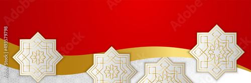 Islamic ramadan banner background with crescent pattern moon star mosque lantern. Vector illustration. Design for Eid Fitr, Eid Adha, Ashura, Islamic New Year, Muharram, Mawlid, Hajj, and Isra Miraj