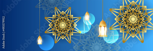 Islamic ramadan banner background with crescent pattern moon star mosque lantern. Vector illustration. Design for Eid Fitr, Eid Adha, Ashura, Islamic New Year, Muharram, Mawlid, Hajj, and Isra Miraj