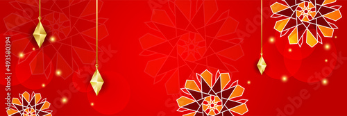 Islamic ramadan banner background with crescent pattern moon star mosque lantern. Vector illustration. Design for Eid Fitr, Eid Adha, Ashura, Islamic New Year, Muharram, Mawlid, Hajj, and Isra Miraj