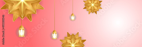 Islamic ramadan banner background with crescent pattern moon star mosque lantern. Vector illustration. Design for Eid Fitr, Eid Adha, Ashura, Islamic New Year, Muharram, Mawlid, Hajj, and Isra Miraj