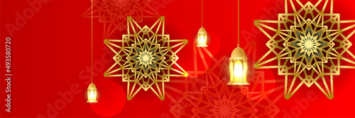 Islamic ramadan banner background with crescent pattern moon star mosque lantern. Vector illustration. Design for Eid Fitr, Eid Adha, Ashura, Islamic New Year, Muharram, Mawlid, Hajj, and Isra Miraj