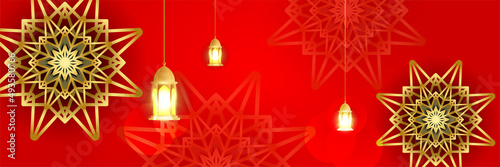 Islamic ramadan banner background with crescent pattern moon star mosque lantern. Vector illustration. Design for Eid Fitr, Eid Adha, Ashura, Islamic New Year, Muharram, Mawlid, Hajj, and Isra Miraj