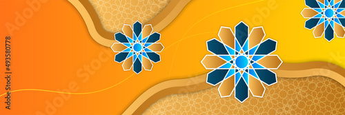 Islamic ramadan banner background with crescent pattern moon star mosque lantern. Vector illustration. Design for Eid Fitr, Eid Adha, Ashura, Islamic New Year, Muharram, Mawlid, Hajj, and Isra Miraj