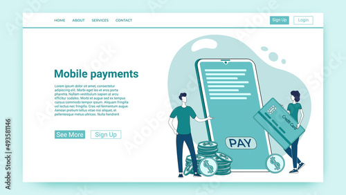 Mobile payments.People on the background of a phone and a credit card transfer funds.An illustration in the style of a green landing page.